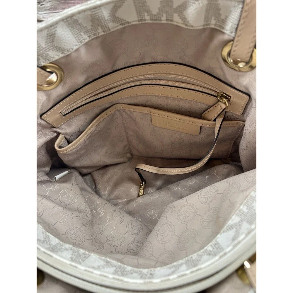 Michael Kors Large Jet Set Monogram Tote Cream & Tan Canvas Leather Shoulder Bag